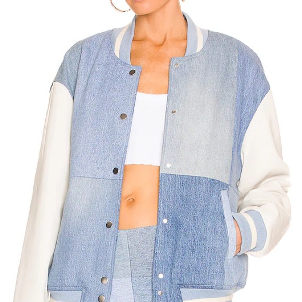 EB Denim Light Blue Patchwork Varsity Jacket with Cream Sleeves